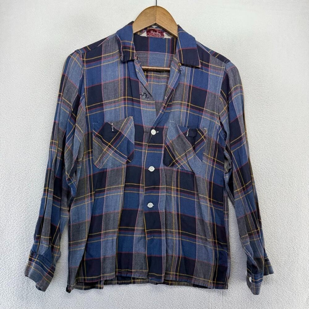 Vintage Forsyth Shirt men's Small blue Check Plaid 14-14.5 Distressed Loop Rayon